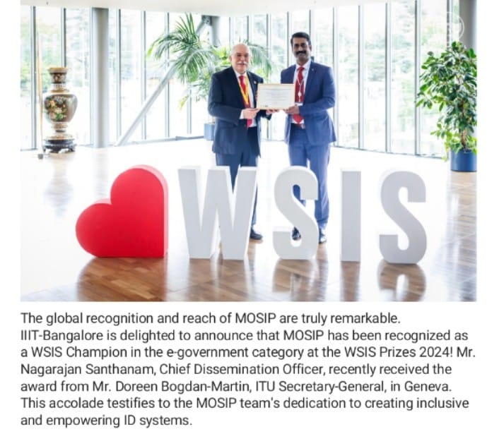 IIIT-Bangalore’s MOSIP Project Recognized as WSIS Champion in E-Government Category at WSIS Prizes 2024