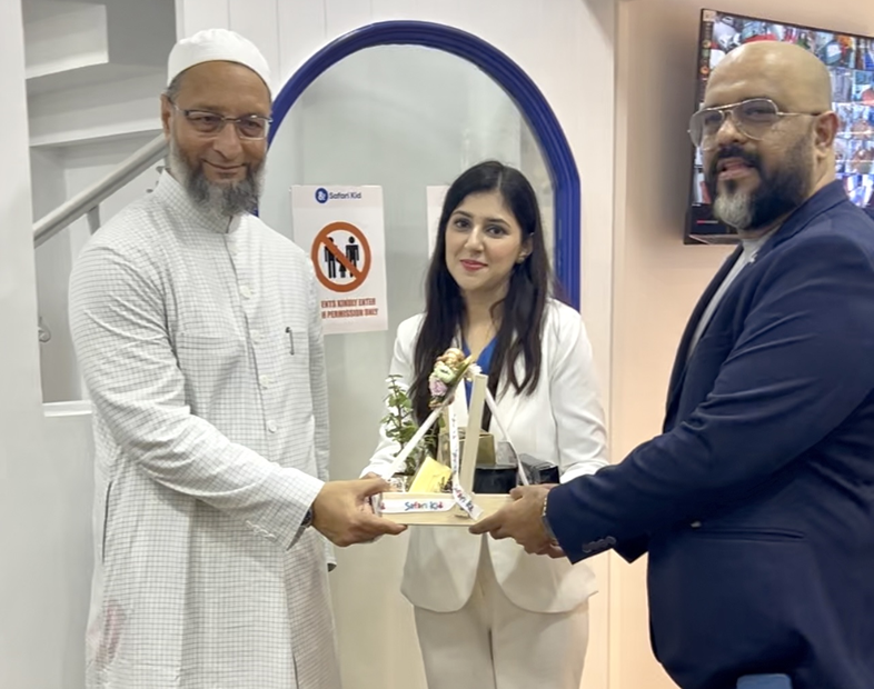 Mr. Asaduddin Owaisi, Member of Parliament, Lok Sabha at the centre launch of Safari Kid with Mr. Jitendra Karsan, Chairman, Safari Kid, India and Bushra Khan, Safari Kid Centre Head, Banjara Hills Branch